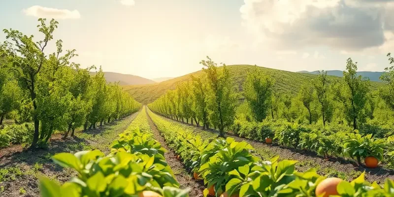 A picturesque landscape featuring a sunlit field abundant with fresh vegetables and fruits, embodying the essence of organic cooking.