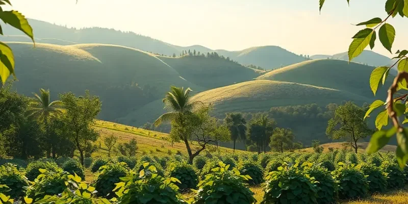 A sunlit orchard filled with vibrant fruits and vegetables in a lush landscape.
