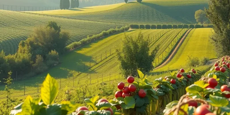 A vibrant landscape filled with organic fruits and vegetables, symbolizing freshness and sustainability.