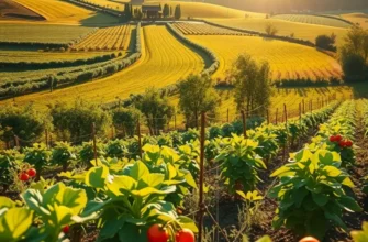A beautiful sunlit field showcasing a variety of vegetables and fruits, representing healthy eating.