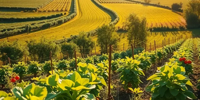 A beautiful sunlit field showcasing a variety of vegetables and fruits, representing healthy eating.