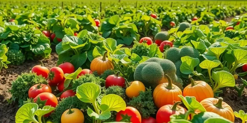 A beautiful landscape scene of a sunlit field occupied by colorful fruits and vegetables, focusing on organic health.