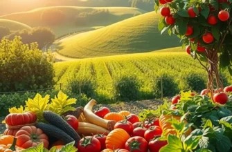 A vibrant sunlit field showcasing an abundance of vegetables and fruits.