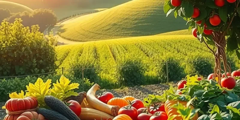 A vibrant sunlit field showcasing an abundance of vegetables and fruits.