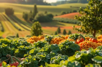 A sunlit agricultural field filled with various fruits and vegetables amidst lush greenery.