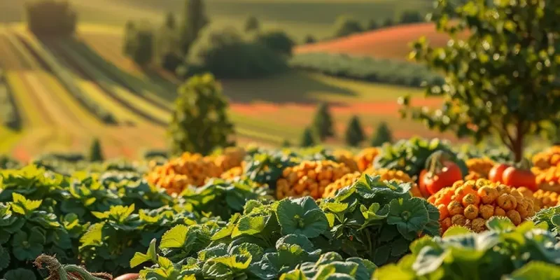 A sunlit agricultural field filled with various fruits and vegetables amidst lush greenery.