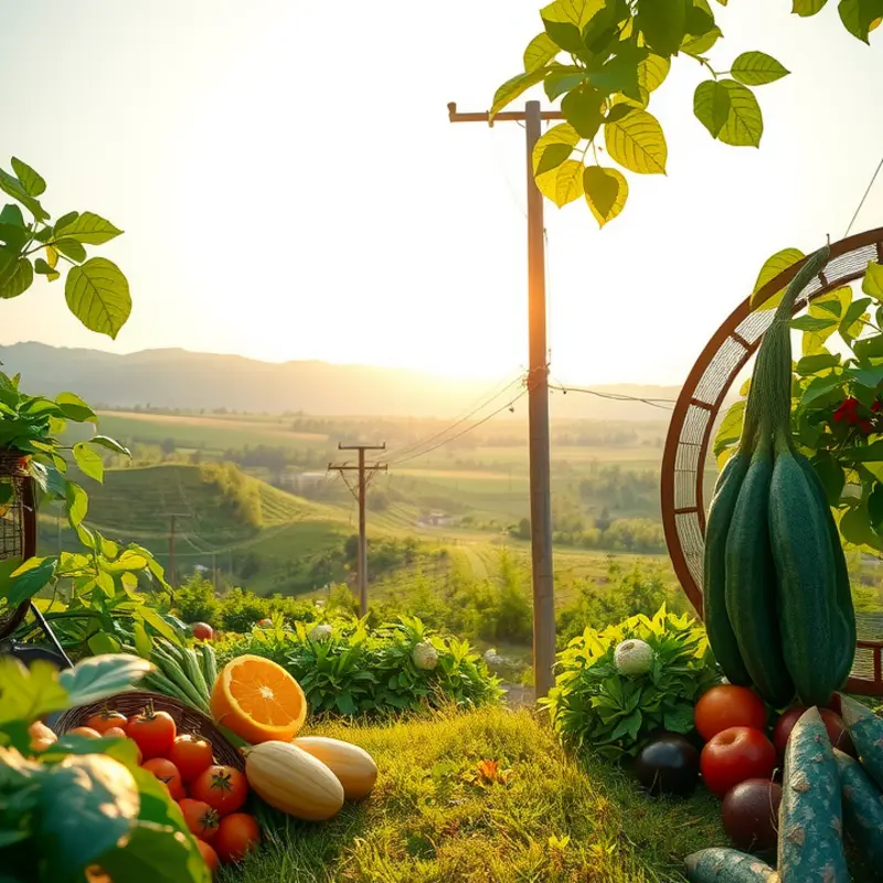 A sunlit field abundant with vibrant fruits and vegetables.