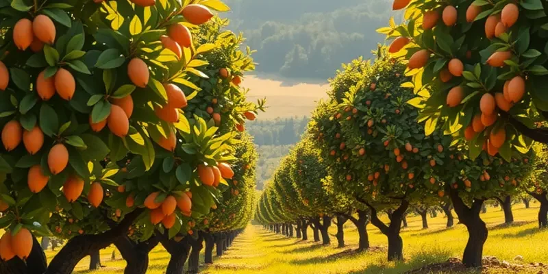 A field with nut-bearing trees, emphasizing their role in healthy nutrition.