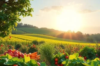 A rich, natural landscape showcasing abundant fruits and vegetables, symbolizing the connection between food and emotional well-being.
