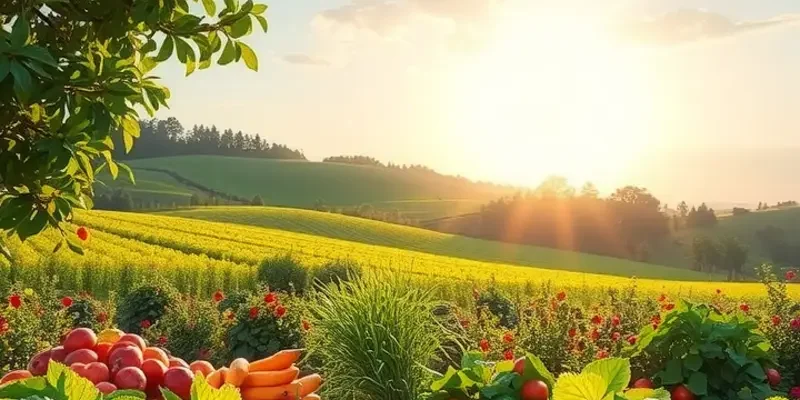 A rich, natural landscape showcasing abundant fruits and vegetables, symbolizing the connection between food and emotional well-being.
