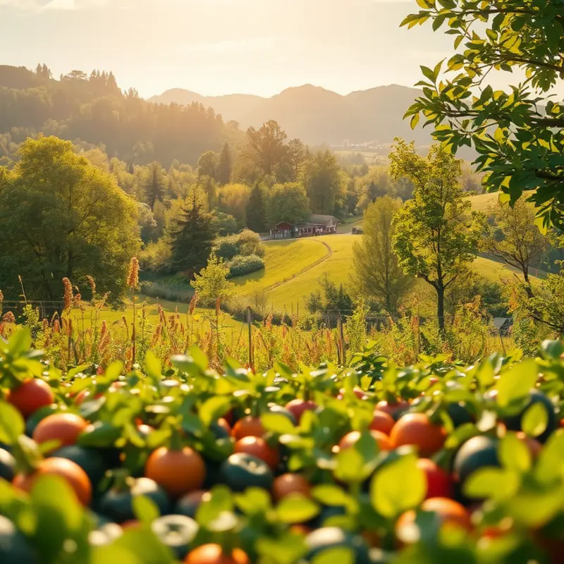 A sunlit organic garden filled with vibrant fruits and vegetables.