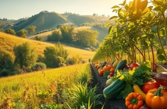 A sunlit field with an abundance of fresh vegetables and fruits growing naturally.