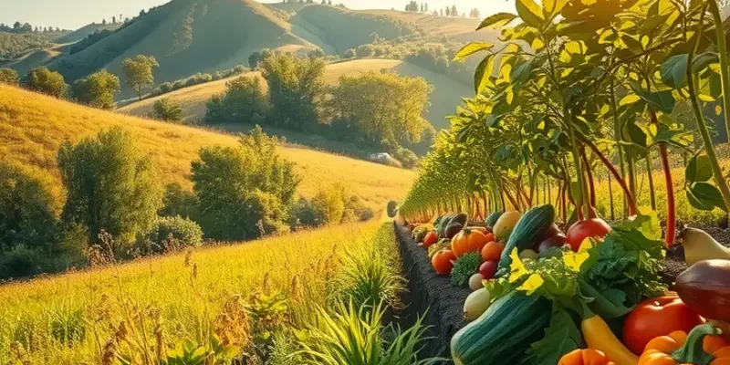 A sunlit field with an abundance of fresh vegetables and fruits growing naturally.