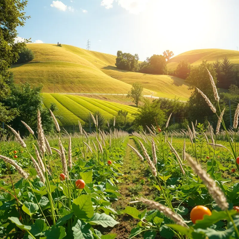 A sunlit field showcasing vibrant vegetables and fruits.