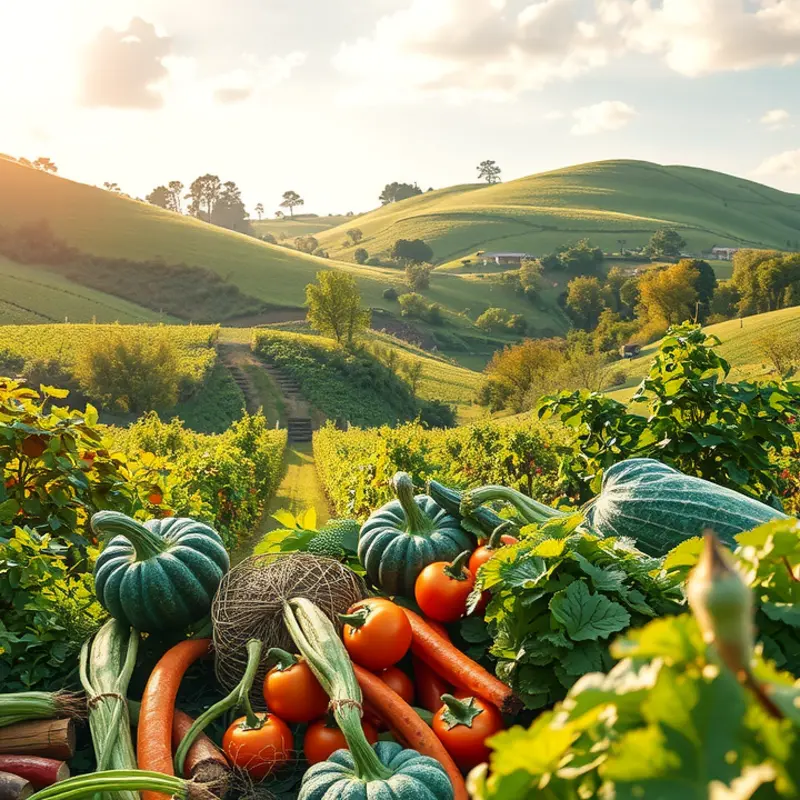 A sunlit field showcasing vibrant vegetables and fruits.