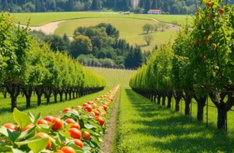 A scenic landscape filled with fresh vegetables and fruits growing naturally in a lush environment.