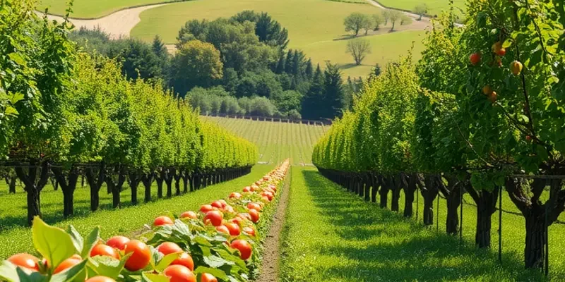 A scenic landscape filled with fresh vegetables and fruits growing naturally in a lush environment.