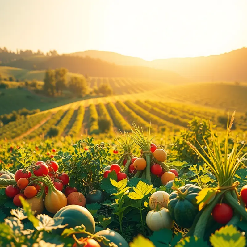 A sunlit orchard showcasing a variety of fresh fruits among lush greenery.