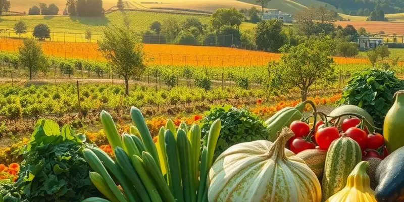 Lush field showcasing harvested vegetables and fruits, emphasizing nature's organic beauty.