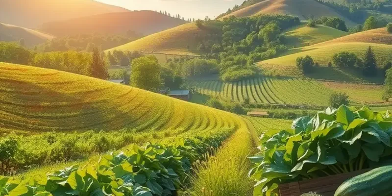 A scenic landscape showcasing fresh vegetables and fruits growing in a vibrant, sunlit field.