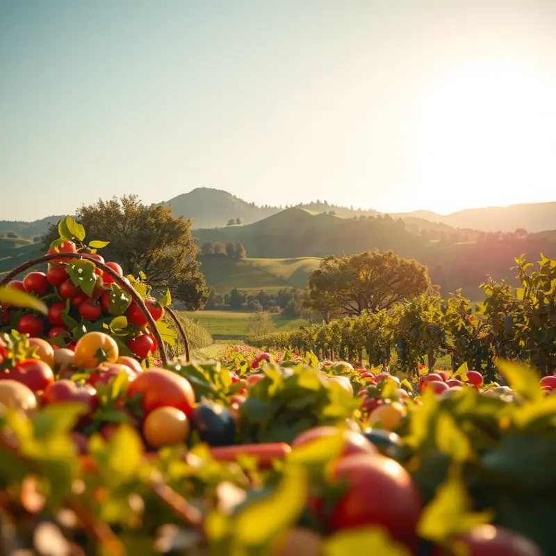 A sunlit garden abundant with fresh fruits and vegetables.