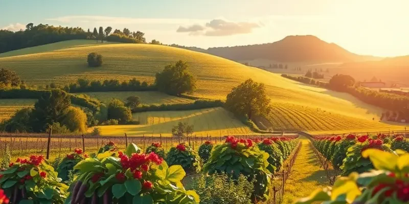 Photorealistic landscape of an organic vegetable field, rich in greenery and vibrant produce.