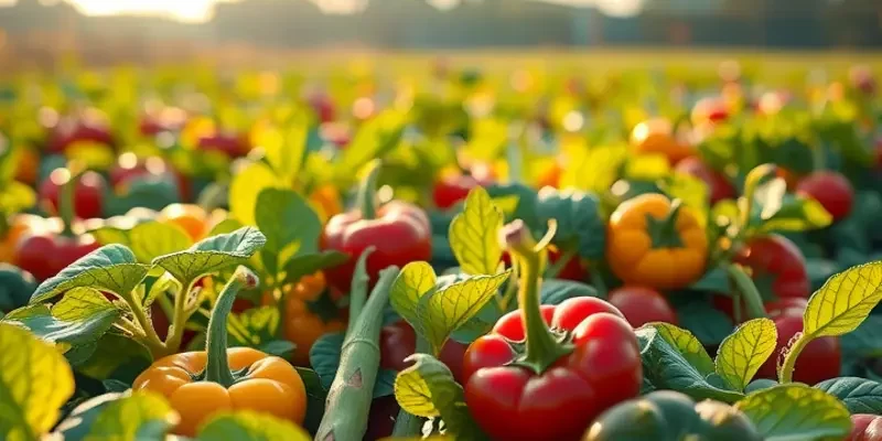 A scenic field filled with vibrant organic produce under gentle sunlight, illustrating the joy of healthy eating.