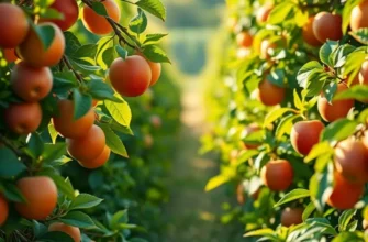 A photorealistic view of an orchard filled with ripe fruits and lush greenery, reflecting the essence of fresh produce.