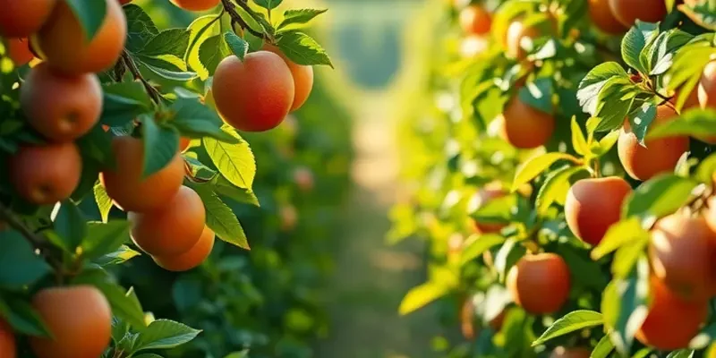 A photorealistic view of an orchard filled with ripe fruits and lush greenery, reflecting the essence of fresh produce.