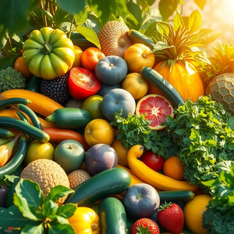 A lush, sunlit field filled with vibrant fruits and vegetables.