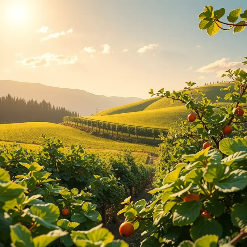 A vibrant orchard showcasing the abundance of fresh fruits and vegetables, thriving in their natural habitat.
