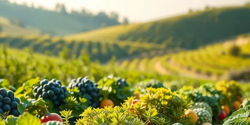 A sunlit orchard flourishing with organic fruits and natural elements.