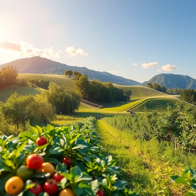 A sunlit orchard showcasing abundant vegetables and fruits.