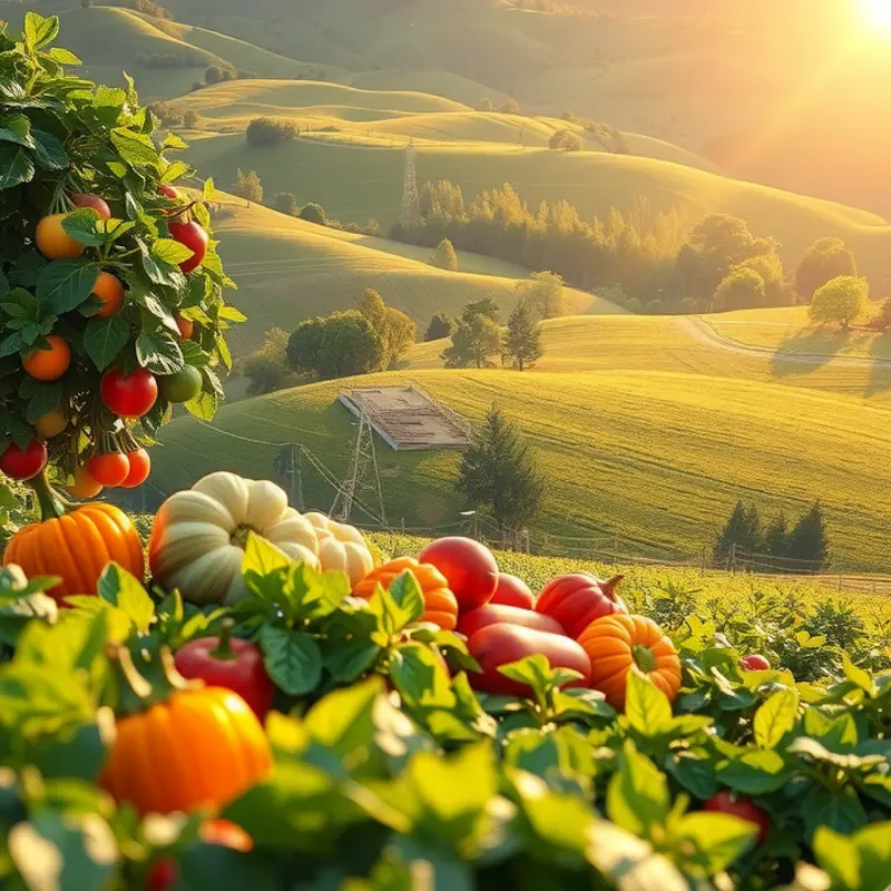 A vibrant sunlit field showcasing abundant organic produce.