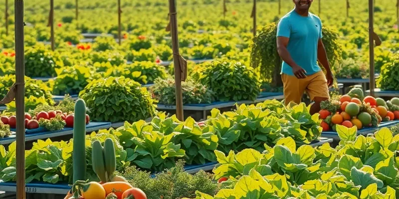 A lush, sunlit garden with vibrant produce highlighting organic foods.
