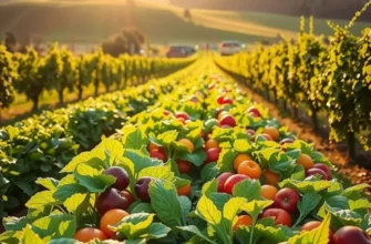 A picturesque sunlit field filled with vibrant vegetables and fruits amidst lush green hills.