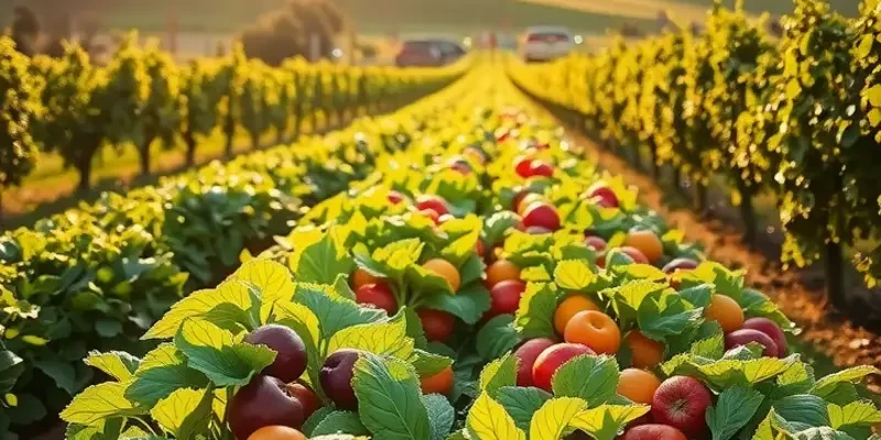A picturesque sunlit field filled with vibrant vegetables and fruits amidst lush green hills.