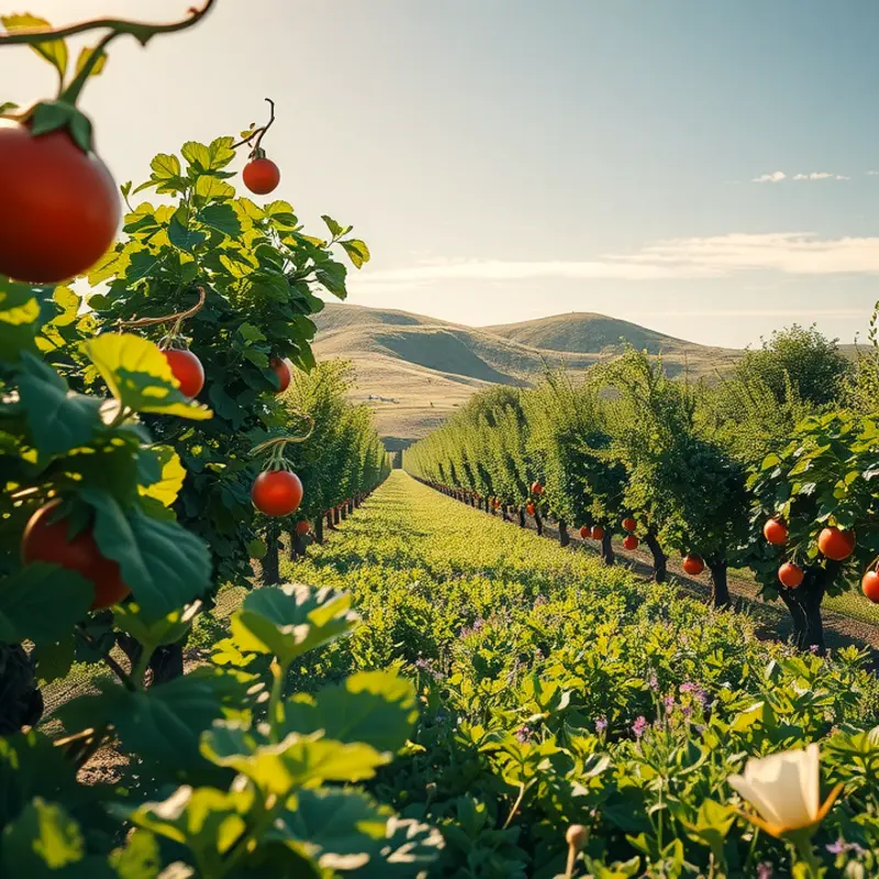 A vibrant landscape showcasing a bountiful harvest of organic fruits and vegetables.