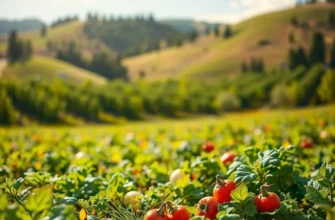 A beautiful landscape depicting lush greenery and vibrant fruits and vegetables under soft light.