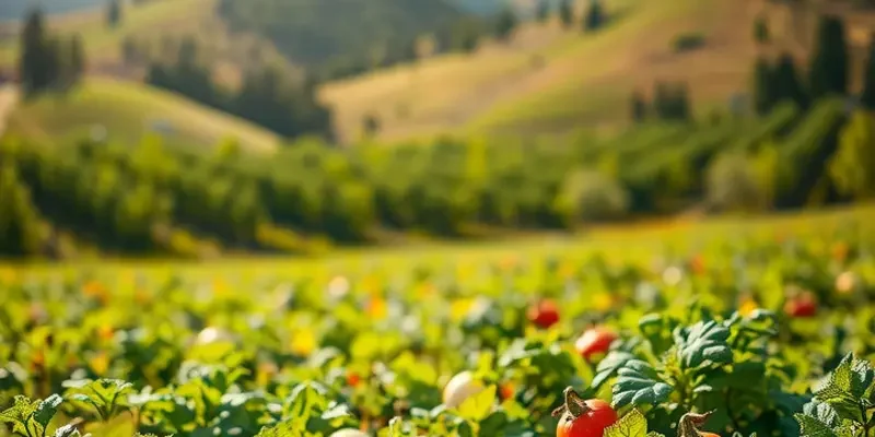 A beautiful landscape depicting lush greenery and vibrant fruits and vegetables under soft light.
