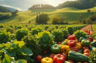 A beautiful landscape featuring a sunlit field full of vibrant vegetables and fruits, showcasing the essence of health and organic living.