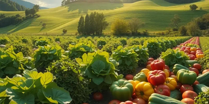 A beautiful landscape featuring a sunlit field full of vibrant vegetables and fruits, showcasing the essence of health and organic living.