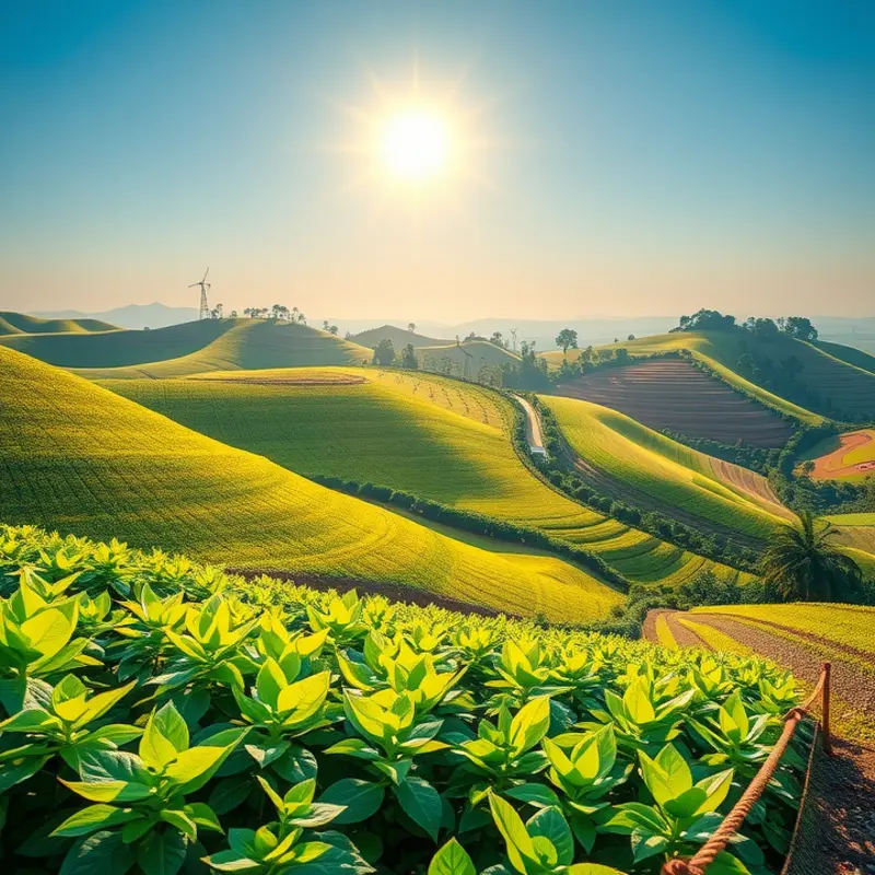A harmonious landscape showcasing vibrant fruits and vegetables in a sunlit field.