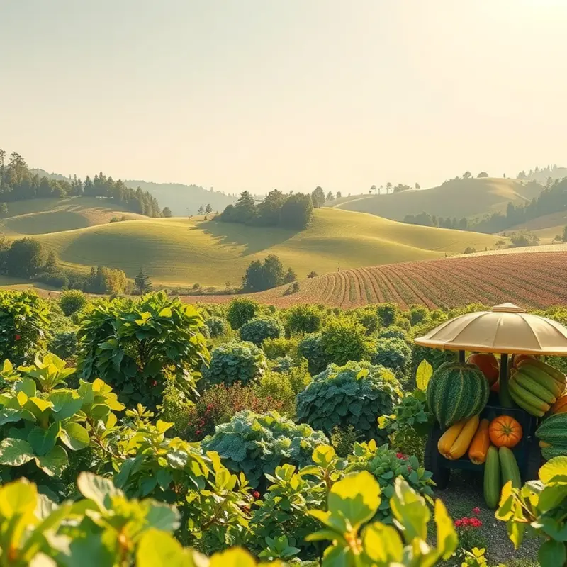 A scenic view of a sunlit orchard brimming with fresh produce.