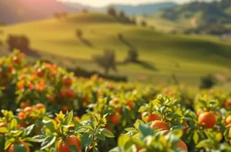 A vibrant landscape featuring an orchard full of fresh fruits and vegetables under warm sunlight.