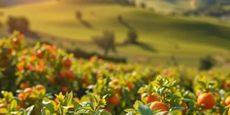A vibrant landscape featuring an orchard full of fresh fruits and vegetables under warm sunlight.