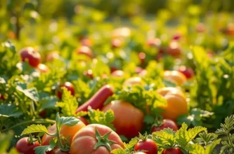 A sunlit landscape featuring an array of organic vegetables and fruits growing abundantly.