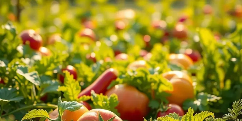 A sunlit landscape featuring an array of organic vegetables and fruits growing abundantly.