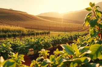 A scenic healthy orchard full of organic vegetables and fruits illuminated by the sun.