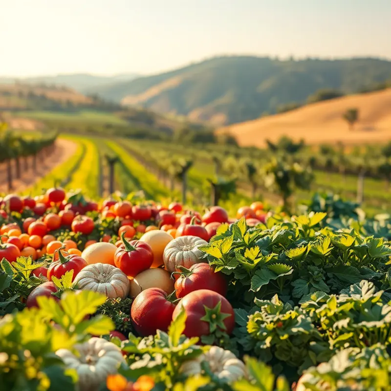 A sunlit organic field showcasing the abundance of fresh produce integral to the Mediterranean diet.